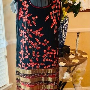 Floral Embroidered RhinestoneDress with Gold Accents